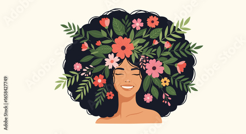 Woman with flowers and leaves in her lush curly hair smiling