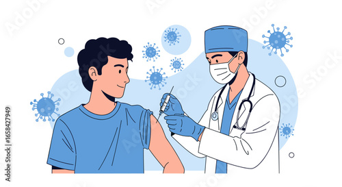 Doctor administering vaccine to young man against coronavirus pandemic illustration