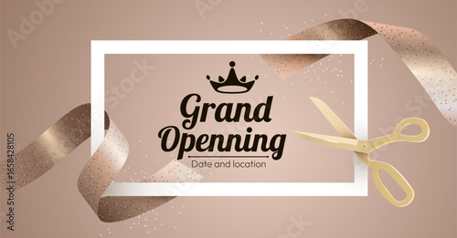 Grand Opening Event. Festive Ceremony Ribbon Cutting with Golden Scissors.