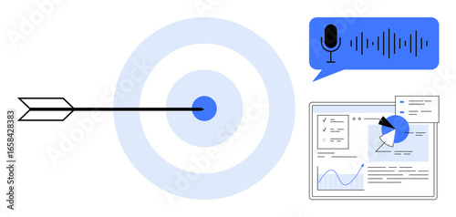 Bullseye with arrow, analytics dashboard, and voice recording icon represent accurate targets, data-driven decisions, and innovation. Ideal for marketing, strategy, analytics, media technology