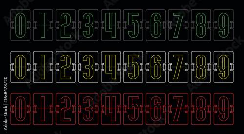 Set of icons flip numbers. Mechanical scoreboard with numbers. Countdown or time timer. Attribute of a sports match, train station or airport.