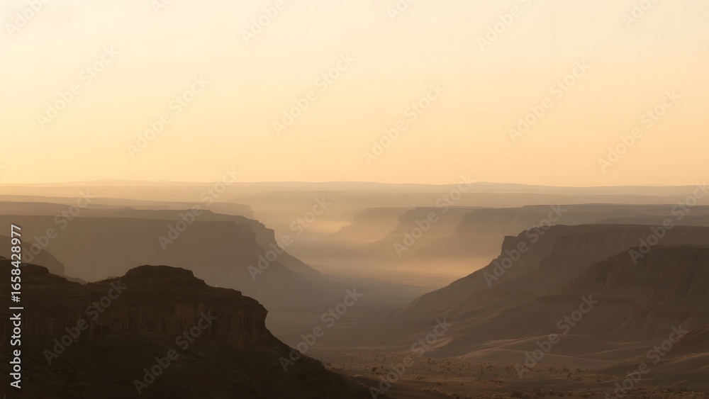 Naklejka premium Sunrise Over a Vast Canyon with Hazy Horizon