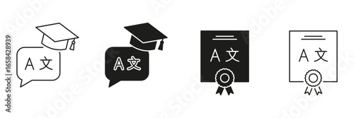 Graduation Cap And Language Certificate Line And Solid Icon Set. Language Learning, Translation, Certification Symbol Collection. Education And Multilingual Proficiency. Isolated Vector Illustration