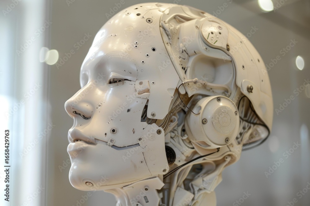 Robot head with visible electronic components showing the complexity of artificial intelligence Robot head with visible electronic components showing the complexity of artificial intelligence
