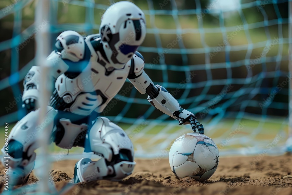 Fototapeta premium Advanced humanoid robot goalkeeper kneeling on the ground and placing its hand on a soccer ball in front of a net