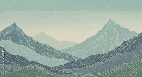 Linocut Mountain Range Illustration with Peaks and Valley Views Graphic Style