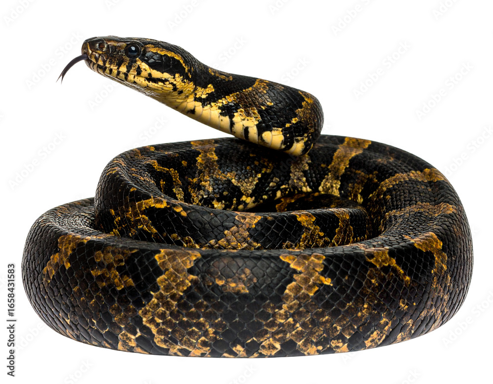 Obraz premium Tiger Snake, Side View, Coiled, Isolated PNG