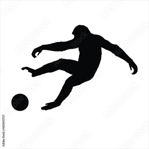 A black silhouette of a male athlete in mid-air, kicking a soccer ball with his right foot during a game.