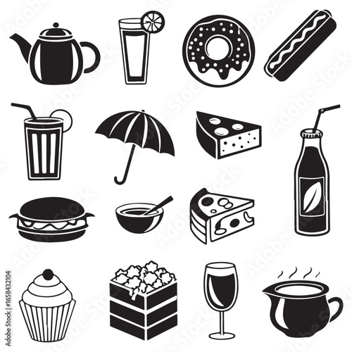 A collection of food and drink icons presented in a simple black and white silhouette style featuring items like a teapot drinks pastries pizza and a hamburger silhouette