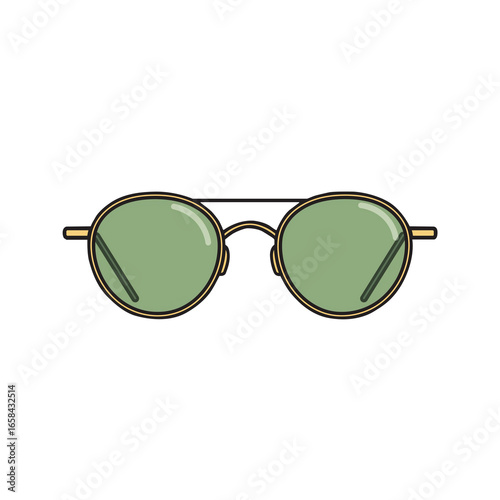Stylish round sunglasses vector illustration with green tinted lenses isolated on transparent white background.