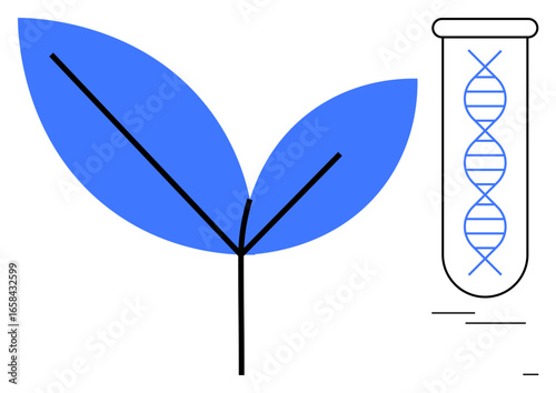 Leaf paired with a test tube containing DNA helix emphasizes biotechnology, genetic modification, and sustainability. Ideal for genetics, bioengineering, research, innovation, agriculture, science