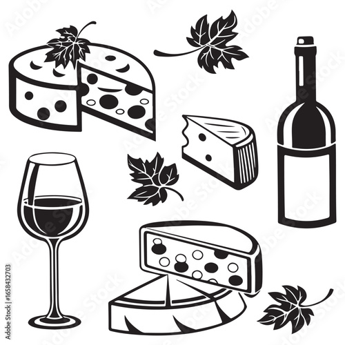 A delightful assortment of cheese and wine elements including a wine bottle wine glass and various cheese wedges and wheels in a clean silhouette style