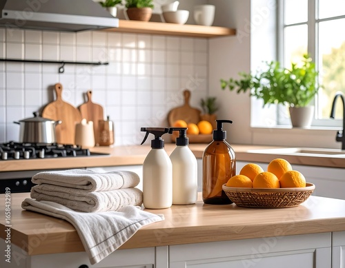 Modern kitchen interior with natural cleaning products and fresh oranges on counter
