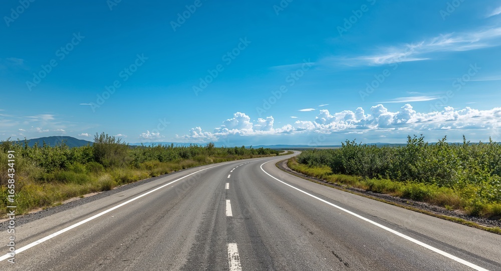 Fototapeta premium Road Trip Under a Clear Blue Sky With Scenic Clouds and Lush Greenery Views