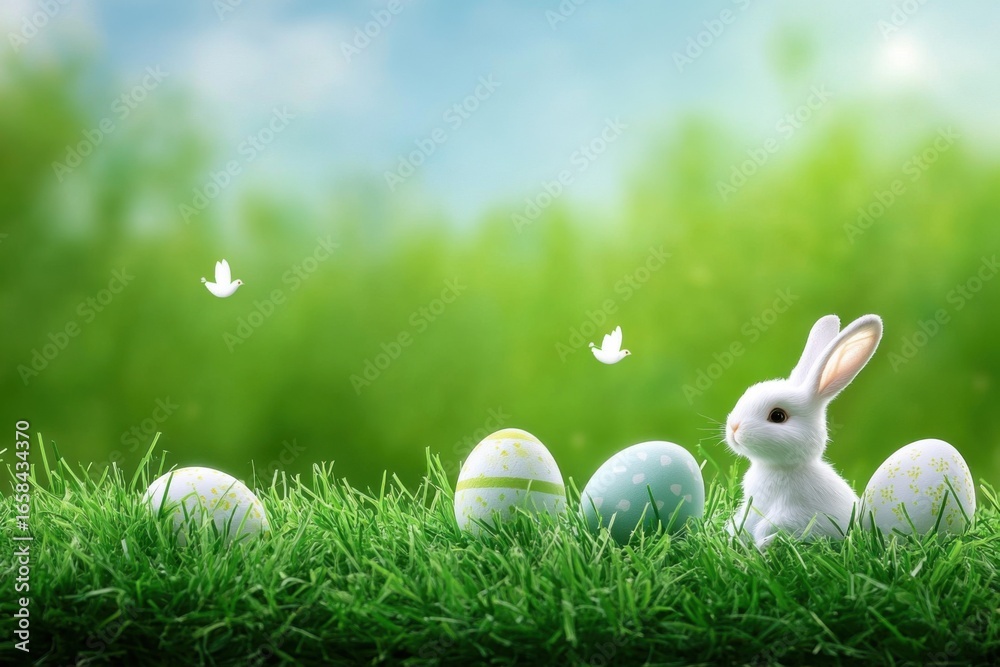 Fototapeta premium art Little Easter bunny and Easter eggs on green grass