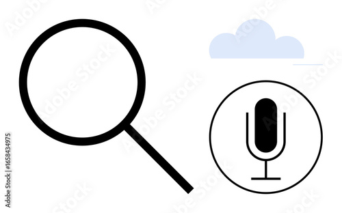Magnifying glass, circular microphone icon, and cloud emphasize search, voice recognition, and connectivity. Ideal for search, cloud services, tech, podcasting research communication simple