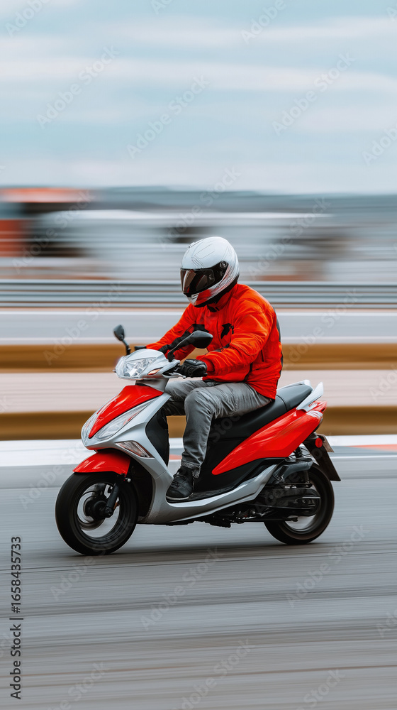 Fototapeta premium Male on red and white scooter riding on a city road