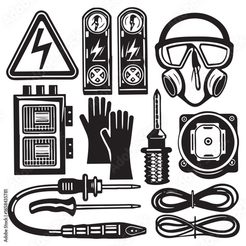 Collection of electrical safety equipment and warning signs including a hazard symbol gas mask gloves tools and cables in a distinct silhouette style