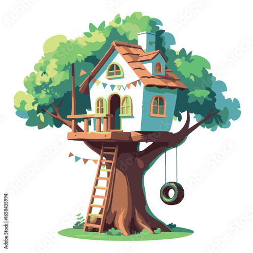 Vector art of charming treehouse with a ladder and tire swing, nestled in a lush green tree