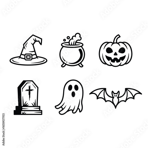 Collection of hand drawn halloween icons including a witch hat cauldron pumpkin tombstone ghost and bat