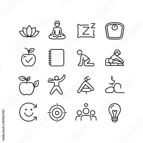 Collection of hand drawn icons representing health wellness and healthy lifestyle choices