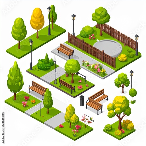 Modern park isometric elements constructor mega set. Creator kit with flat graphic street lanterns, trees and bushes, fences, benches, trash bins, paths. Vector illustration in 3D isometry design.