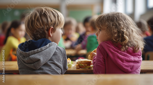 focus on 2 children sitting at a table in school refectory eating sandwich, other children in background. Children staying in school during noon for eating. Healthy food, bread. Back to school theme.