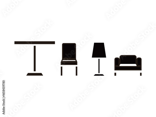 イス、テーブル、照明、ソファのアイコンのセット