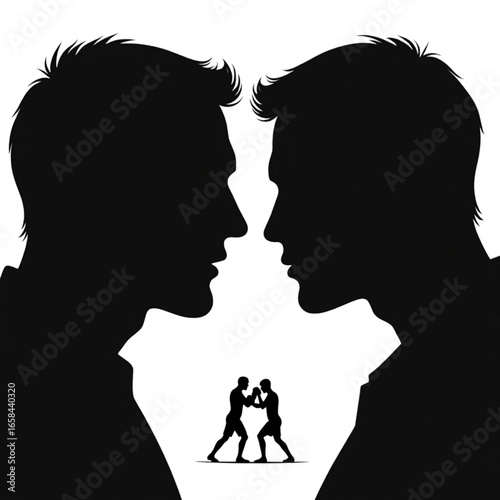 Silhouette of two men in a tense face-off with boxers fighting between them, symbolizing a conceptual rivalry, competition, and internal conflict