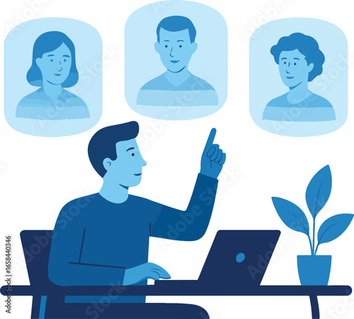 Employee collaborating with holographic teammates illustration