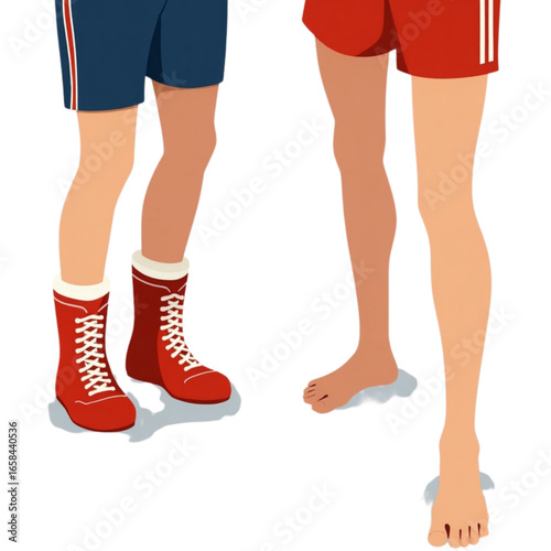 Three pairs of legs and feet with varying types of footwear, a whimsical and colorful illustration