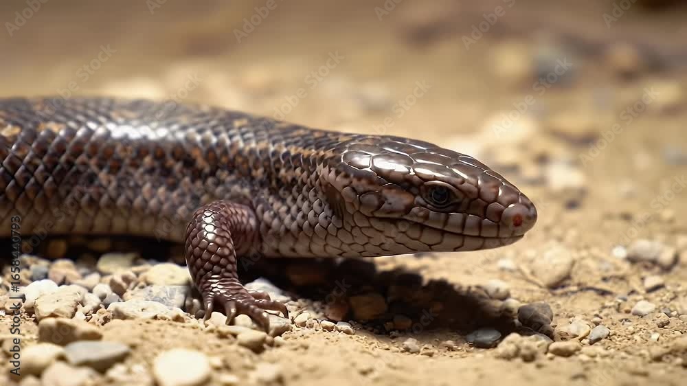 Detailed close-up of a scaly brown lizard on sandy ground, showcasing its textured skin and reptilian features in its habitat. Detailed close-up of a scaly brown lizard on sandy ground, showcasing its textured skin and reptilian features in its habitat.
