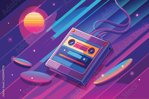 Retro futuristic cassette tape player in a vibrant abstract space with a glowing retro sunset background