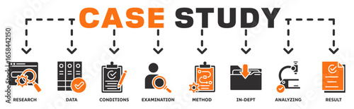 Case Study banner web icon vector illustration concept with icon of research, data, conditions, examination, method, in-dept, analyzing, result 