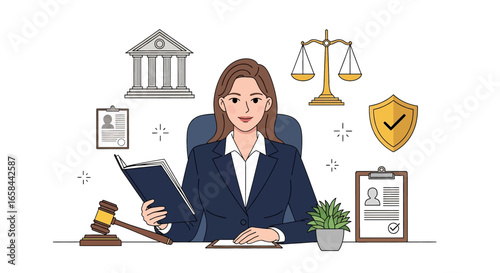 Flat vector illustration of female lawyer with law book, legal documents, gavel, courthouse, scales of justice, and shield, symbolizing justice, legal services, business law, and corporate governance