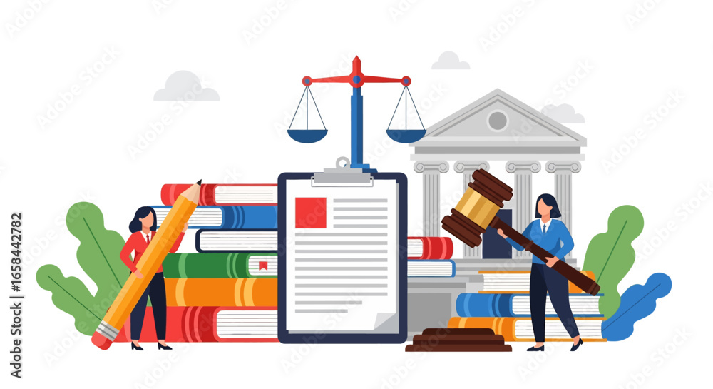 Fototapeta premium Flat vector illustration of courthouse, legal documents, gavel, scales of justice, law books, and business professionals, symbolizing justice system, corporate law, governance, and legal services