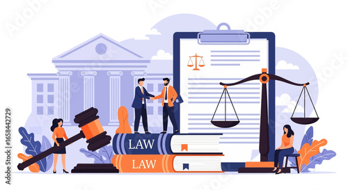 Flat vector illustration of courthouse, law books, legal contract, scales of justice, gavel, and business people shaking hands, symbolizing justice system, business law, governance, and legal services