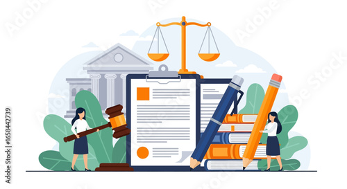 Flat vector illustration of courthouse, legal documents, gavel, scales of justice, law books, and business professionals, symbolizing justice system, corporate law, governance, and legal services