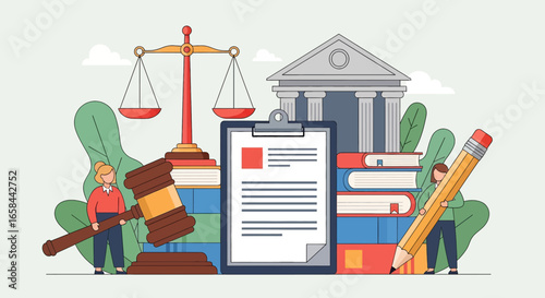 Flat vector illustration of courthouse, legal documents, gavel, scales of justice, law books, and business professionals, symbolizing justice system, corporate law, governance, and legal services