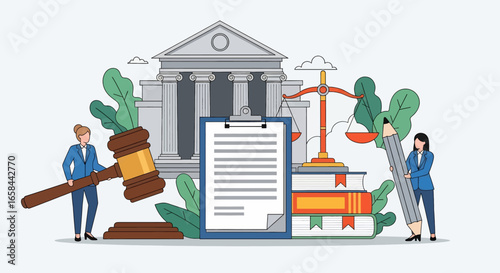 Flat vector illustration of courthouse, legal documents, gavel, scales of justice, law books, and business professionals, symbolizing justice system, corporate law, governance, and legal services