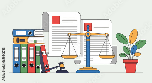 Flat vector illustration of legal concept with scales of justice, gavel, law books, binders, and documents, symbolizing justice system, business law, compliance, regulation, and governance