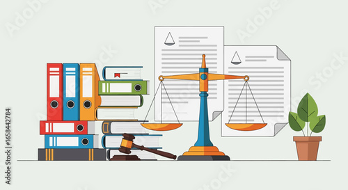Flat vector illustration of legal concept with scales of justice, gavel, law books, binders, and documents, symbolizing justice system, business law, compliance, regulation, and governance