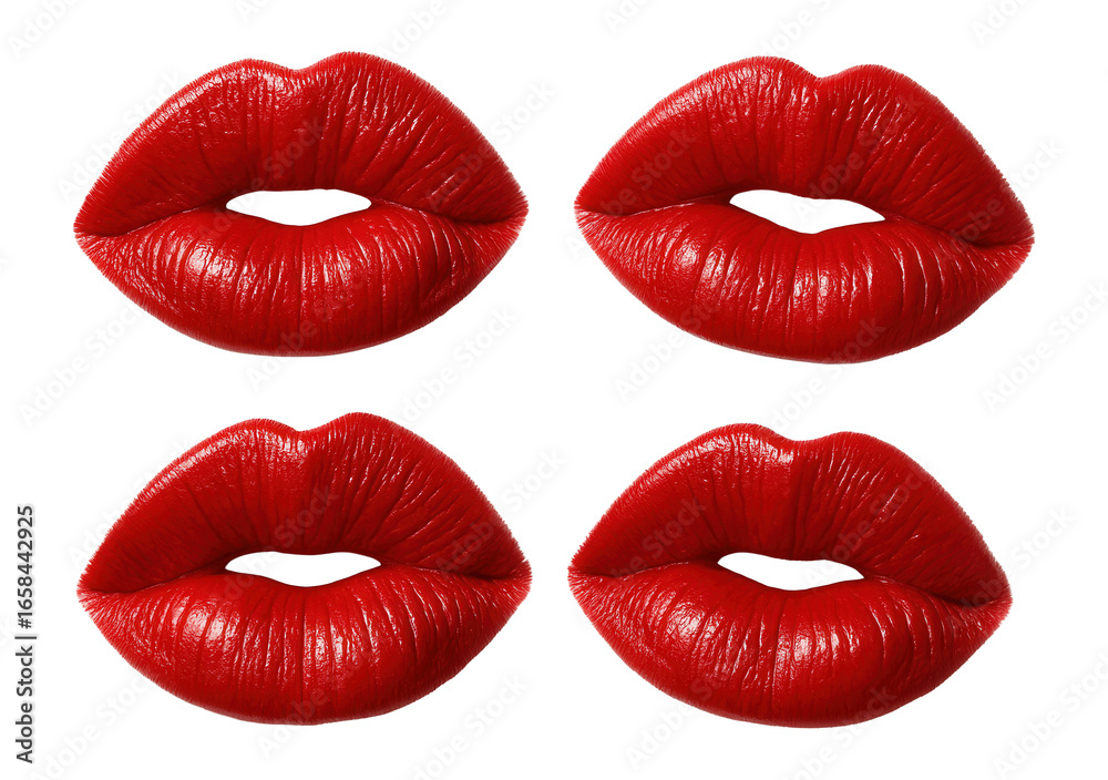 Obraz premium Four red lipstick kiss marks in a grid, highlighting lip texture and shape.
