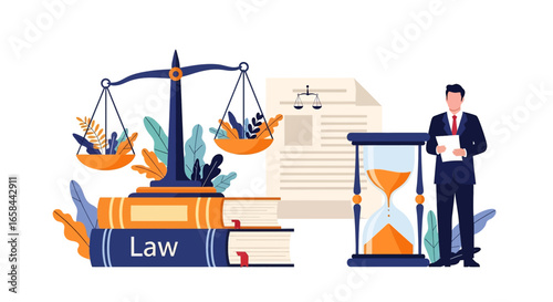 Flat vector illustration of law books, scales of justice, legal document, hourglass, and businessman holding paper, symbolizing law, justice, legal process, corporate governance, and business 