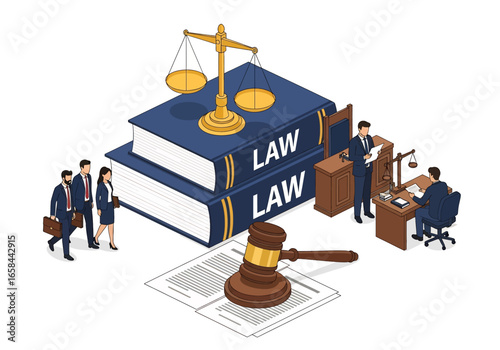 Isometric 3D illustration of law books, scales of justice, gavel, documents, and business lawyers in office, symbolizing justice system, legal services, corporate law, and business governance