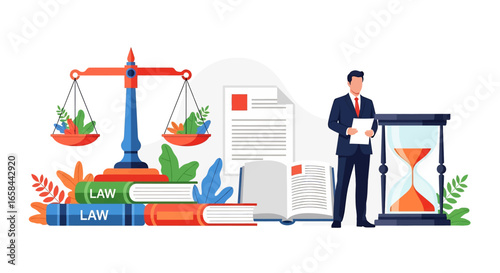 Flat vector illustration of law books, scales of justice, legal document, hourglass, and businessman holding paper, symbolizing law, justice, legal process, corporate governance, and business 