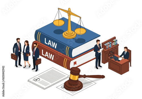 Isometric 3D illustration of law books, scales of justice, gavel, documents, and business lawyers in office, symbolizing justice system, legal services, corporate law, and business governance