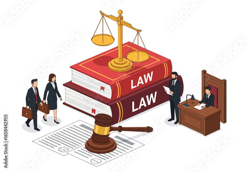 Isometric 3D illustration of law books, scales of justice, gavel, documents, and business lawyers in office, symbolizing justice system, legal services, corporate law, and business governance