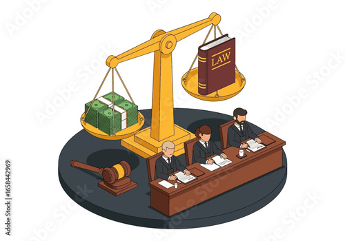 Isometric 3D illustration of justice scale weighing money and law book with judges at desk and gavel, symbolizing legal system, business law, corruption, justice, and corporate governance