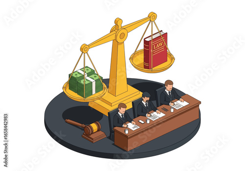 Isometric 3D illustration of justice scale weighing money and law book with judges at desk and gavel, symbolizing legal system, business law, corruption, justice, and corporate governance